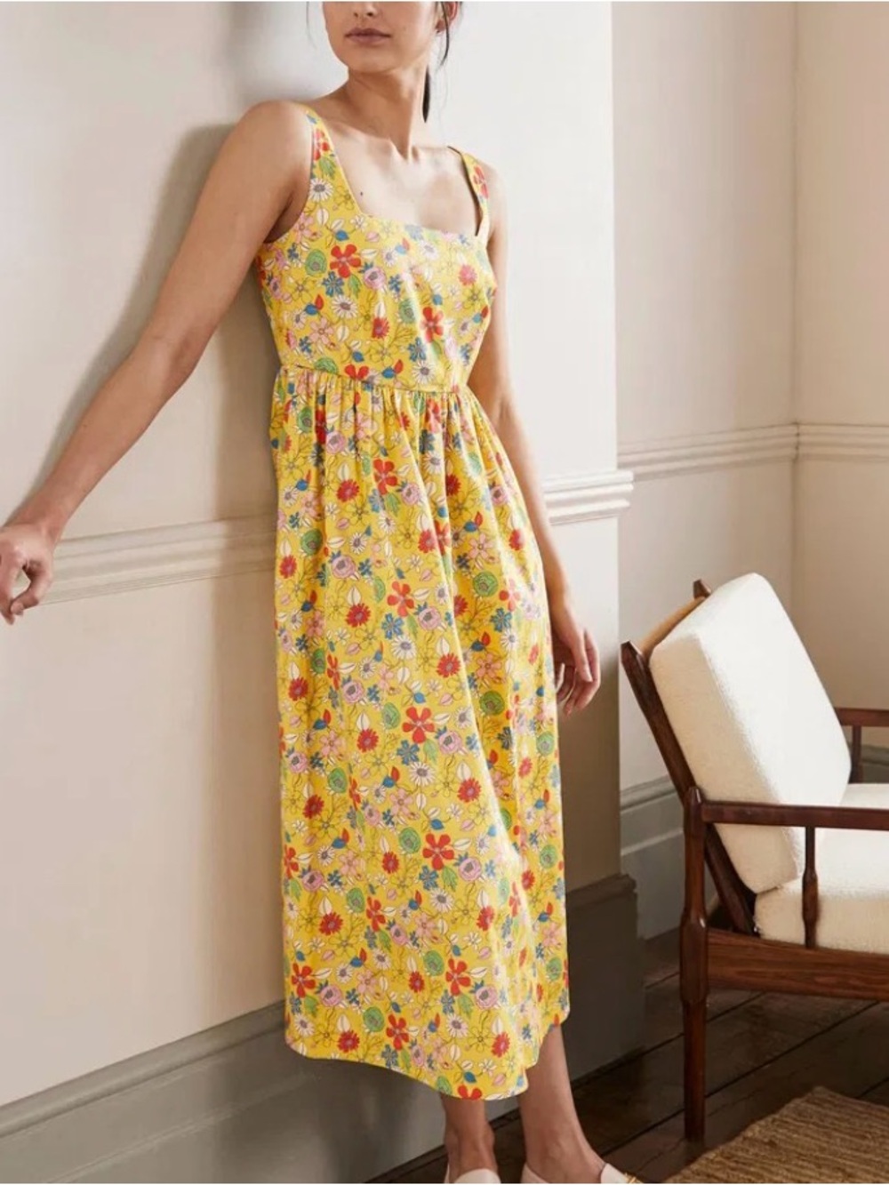 Boden Yellow Floral Violet Square Neck Midi Dress Sundress with Pockets Size 8 R